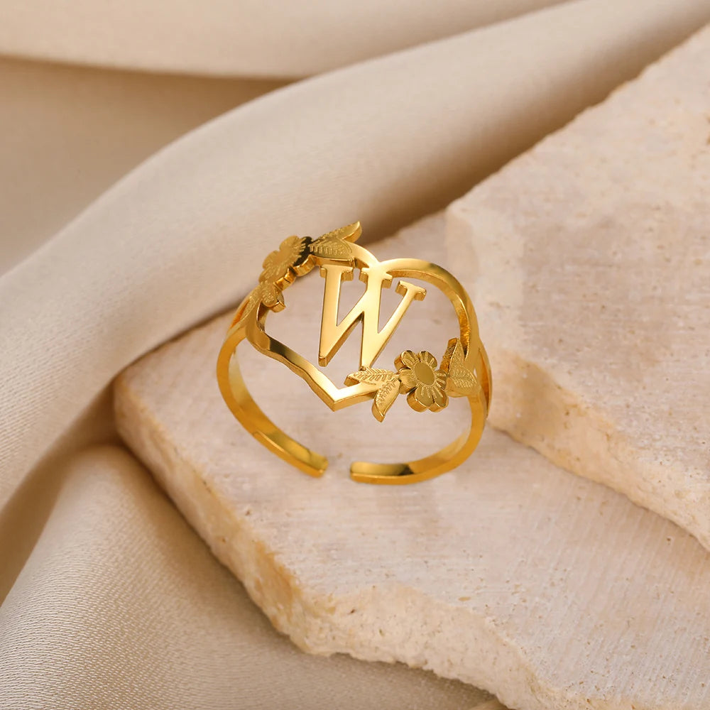Stainless Steel Initials Flower Heart Rings Gold Color Adjustable Delicate Letter Leaf Rings For Women Girl Alphabet Jewelry-Dollar Bargains Online Shopping Australia