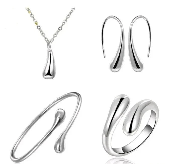 Silver Needle Earrings Ring Bracelet Set Simple Personality Womens Water Drop Four-piece Jewelry Set for Women Gift