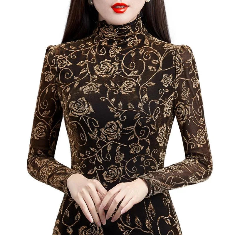 Women's Winter Autumn Style Blouse Shirt Women's Printed Turtleneck Long Sleeve Slim Elegant Tops-Dollar Bargains Online Shopping Australia