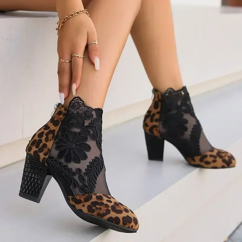 High Heels Boots Leopard Print Short Boots Women Lace Floral Back Zipper Round Toe-Dollar Bargains Online Shopping Australia