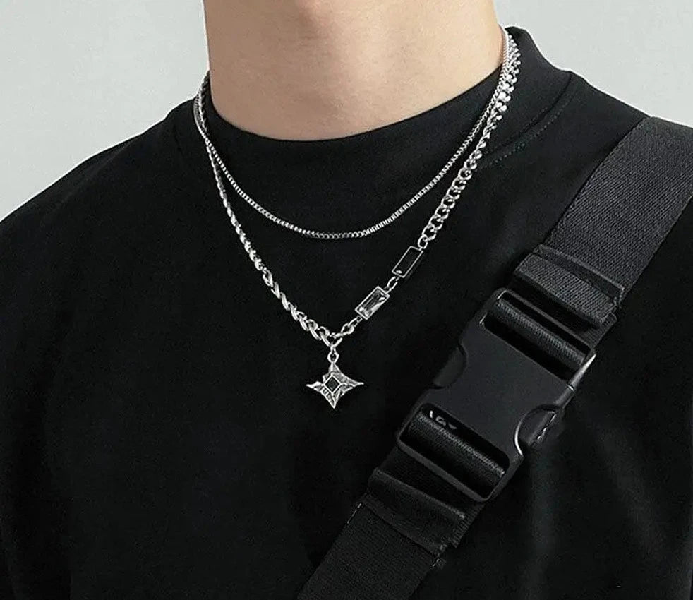 Hip Hop Zircon Star Double Layer Necklace For Men Women Trend Charm Titanium Steel Pendant Chain Unisex Jewelry-Dollar Bargains Online Shopping Australia