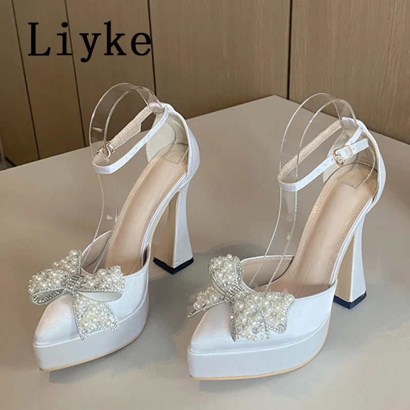 Pearl Butterfly-Knot Women High Heels Sandals Sexy Thick Bottom Pointed Toe Platform Pumps Wedding Banquet Shoes-Dollar Bargains Online Shopping Australia