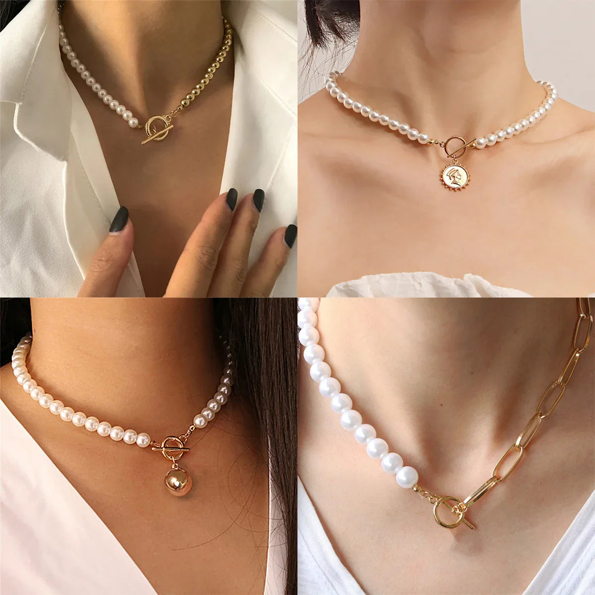Goth Pearl Choker Necklace Gold Color Lasso Pendants Women Jewelry On The Neck Chain Beads Necklace Chocker Collar For Girl Kpop