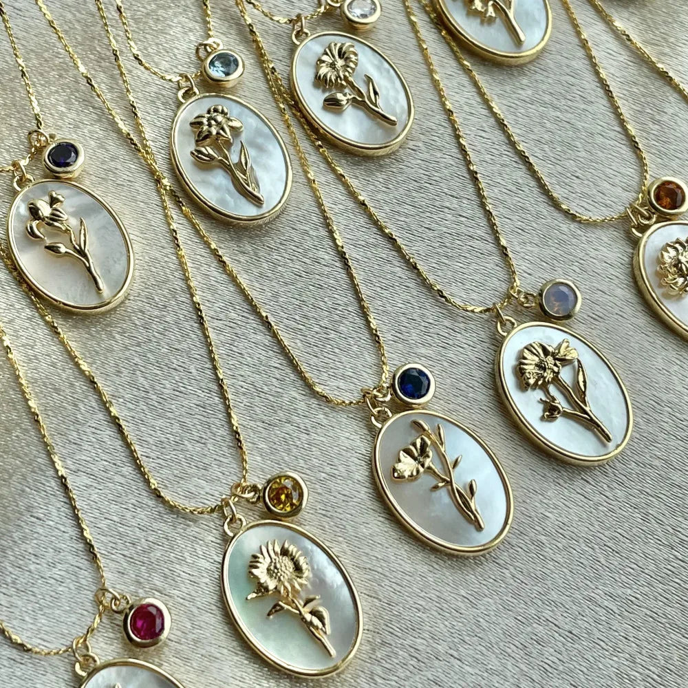 12 Birth Month Flower Birthstone Necklace for Women Charm White Shell Pendant Necklaces Mom Girlfriend Birthday Gift-Dollar Bargains Online Shopping Australia