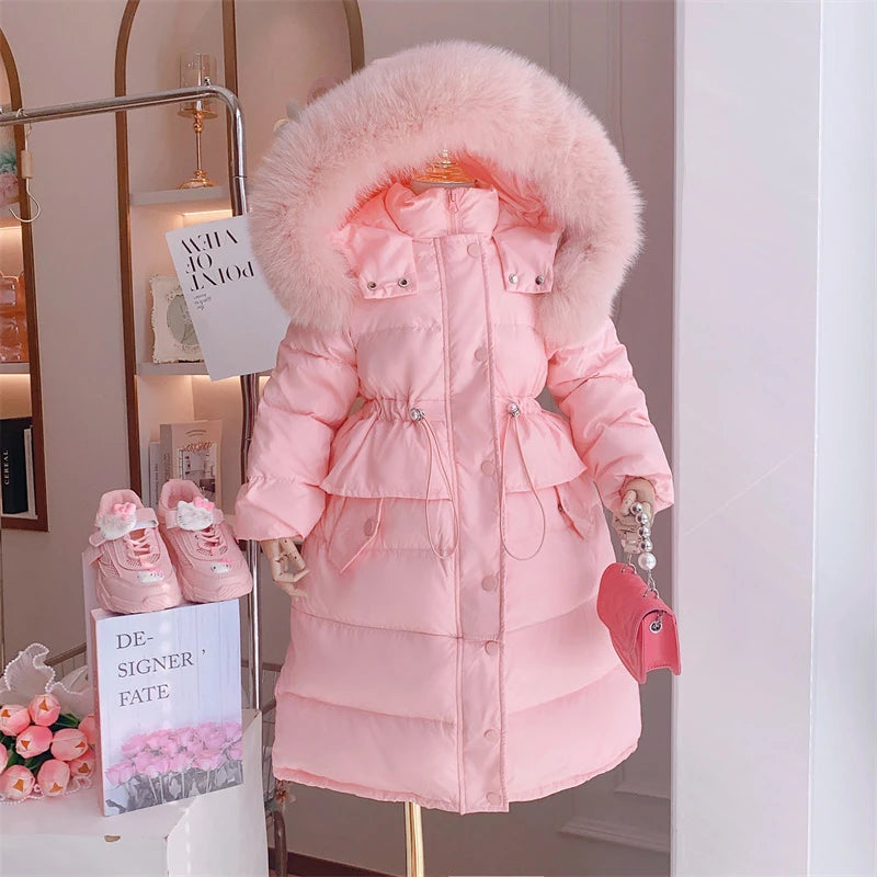 Winter Girls Sweet Long Down Jackets Hooded Big Fur Collar Kids Parkas Children Clothes Girls Windproof Thicken Warm Coats-Dollar Bargains Online Shopping Australia