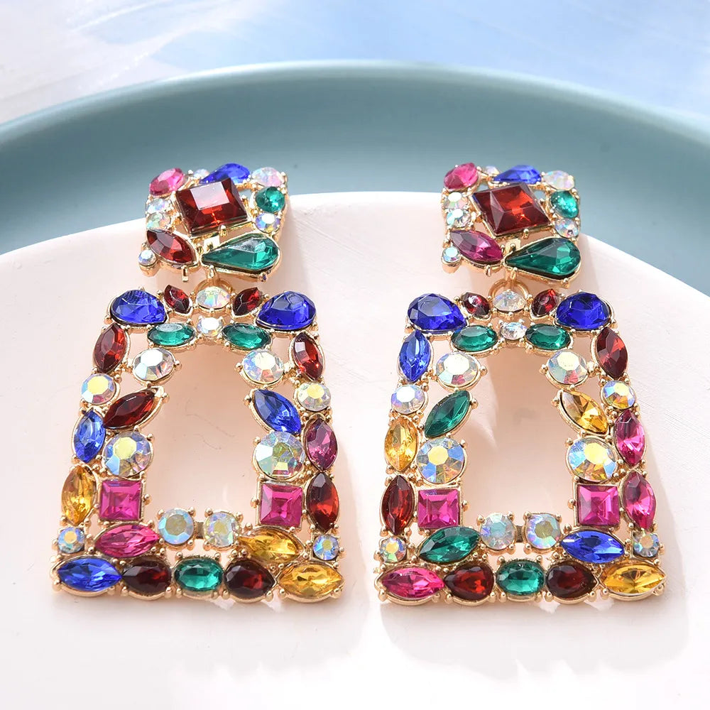 Boho Ethnic Colorful Crystal Clip on Earrings Women's Big Geometric ZA Statement Non Pierced Long Dangle Earrings Jewellery-Dollar Bargains Online Shopping Australia