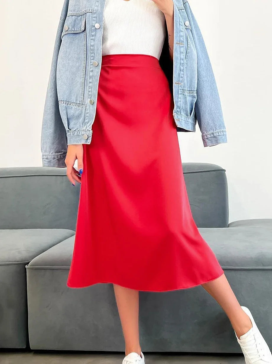Silk Satin Skirts for Women High Waisted Skirt Women A-Line Elegant Skirts Summer Pink Midi Skirt-Dollar Bargains Online Shopping Australia