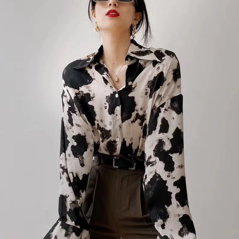 Cow Print Button Up Shirts Women Spring Plus Size Tops Korean Fashion Clothes Chiffon Streetwear Long Sleeve-Dollar Bargains Online Shopping Australia