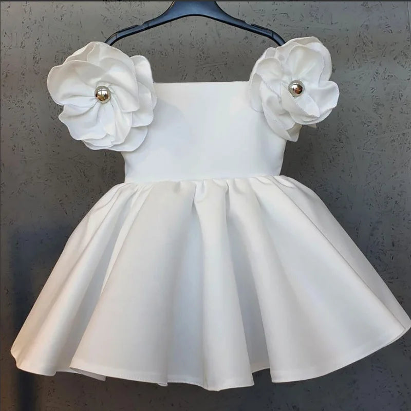 Girl Satin Face Tulle Petal Sleeve Dress Children Vestido Vintage Solid Color Wedding Birthday Party Princess Dress Kid Clothes-Dollar Bargains Online Shopping Australia