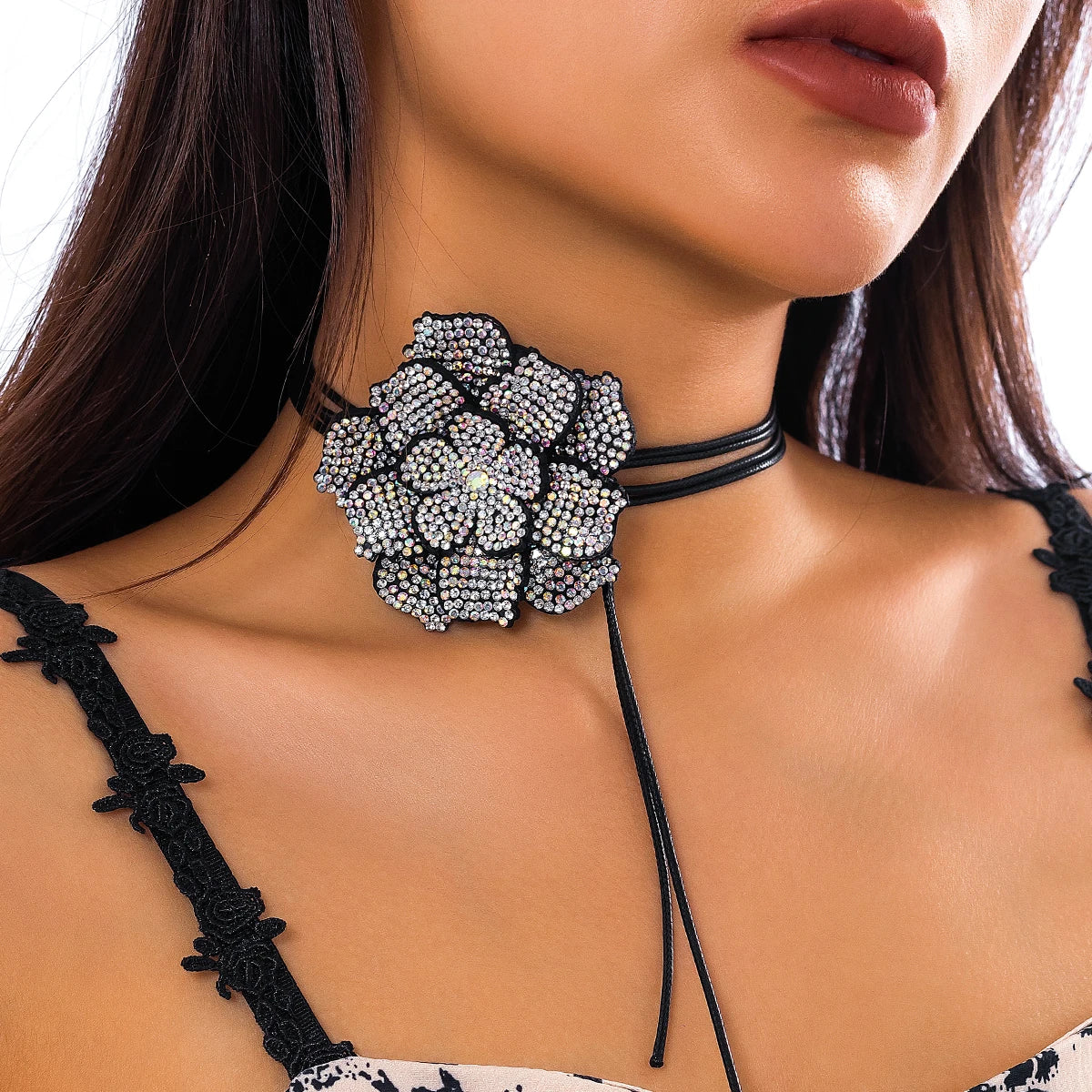 Luxury Full Rhinestone Big Rose Flower Choker Necklace Women Black Leather Wax Rope Clavicle Chain Adjustable Neck-Dollar Bargains Online Shopping Australia