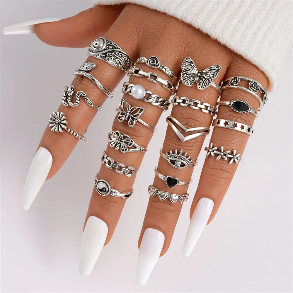 21pcs/set Punk Gothic Butterfly Snake Heart Rings Set For Women Men Vintage Silver Plated Geometric Finger Rings Party Jewelry-Dollar Bargains Online Shopping Australia
