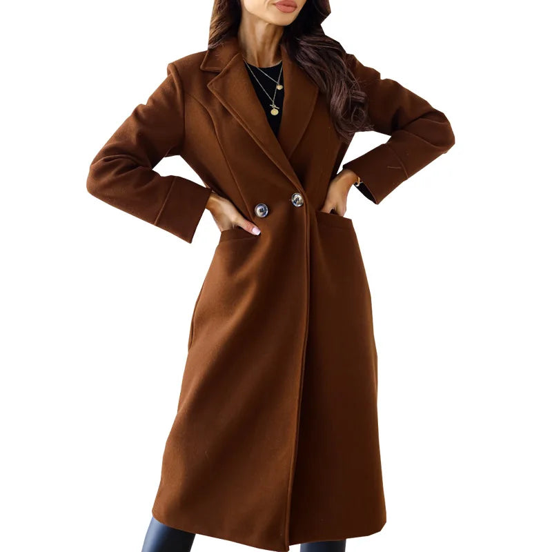 simple long-sleeved lapel double-breasted woolen coat for women-Dollar Bargains Online Shopping Australia