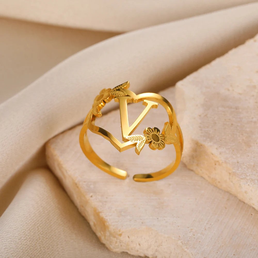 Stainless Steel Initials Flower Heart Rings Gold Color Adjustable Delicate Letter Leaf Rings For Women Girl Alphabet Jewelry-Dollar Bargains Online Shopping Australia