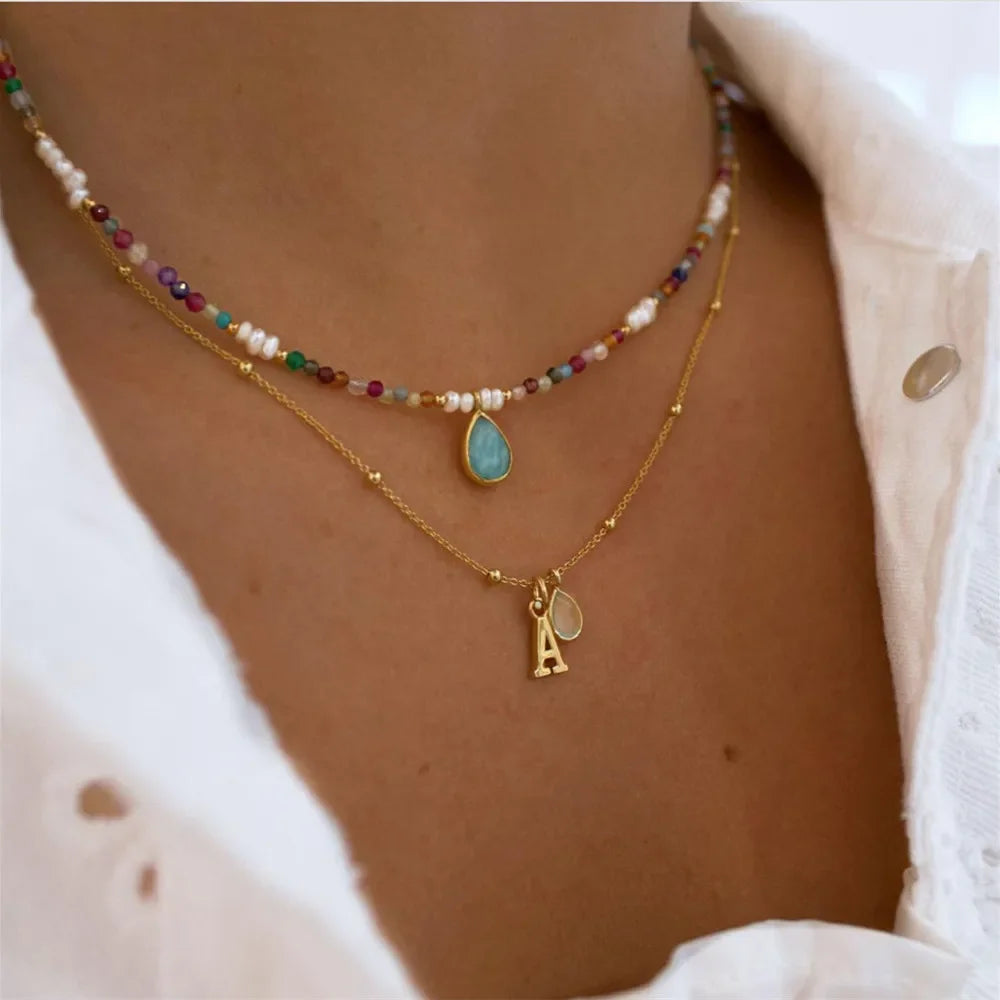 Multilayer Boho Colorful Bead Chain Necklace For Women Female Crystal Water Drop Metal Letter Pendant Jewelry Gift-Dollar Bargains Online Shopping Australia