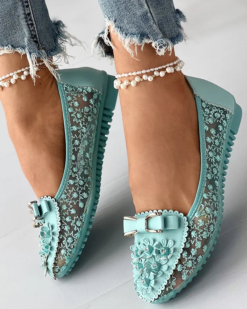 Summer Breathable Solid Color Vulcanized Shoes Floral Embroidery Bowknot Loafers Women Non-slip Flower Sneakers-Dollar Bargains Online Shopping Australia