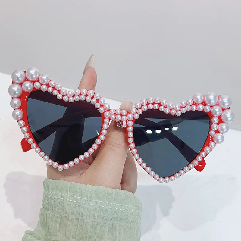 Large Frame Pearl-set Sunglasses Heart Shape Personality UV400 Casual Black Just Married Sunglasses Bridesmaid Gift-Dollar Bargains Online Shopping Australia