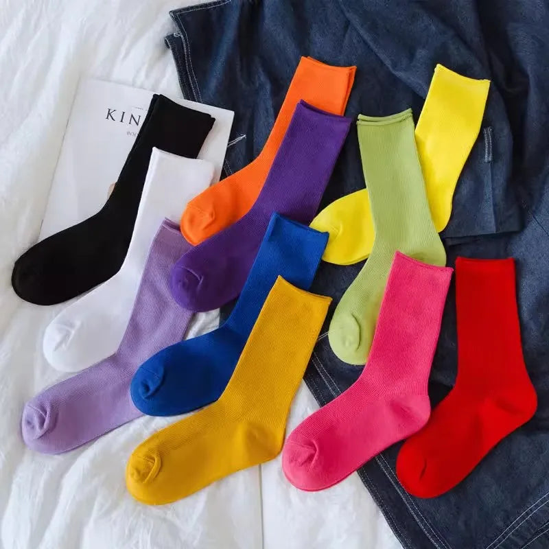 Women Socks Fashion Solid Color Crew Socks For Women Preppy Style Cotton Breathable Neon Color Long-Dollar Bargains Online Shopping Australia