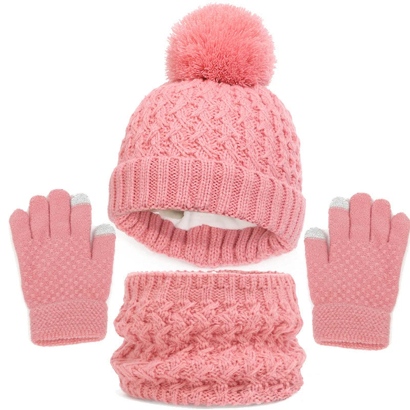Toddlers Winter Warm Suits Knitted Hat Scarf and Gloves Set Solid Thermal Suit Boys Girls Caps Set Christmas Gift Winter Outfits-Dollar Bargains Online Shopping Australia