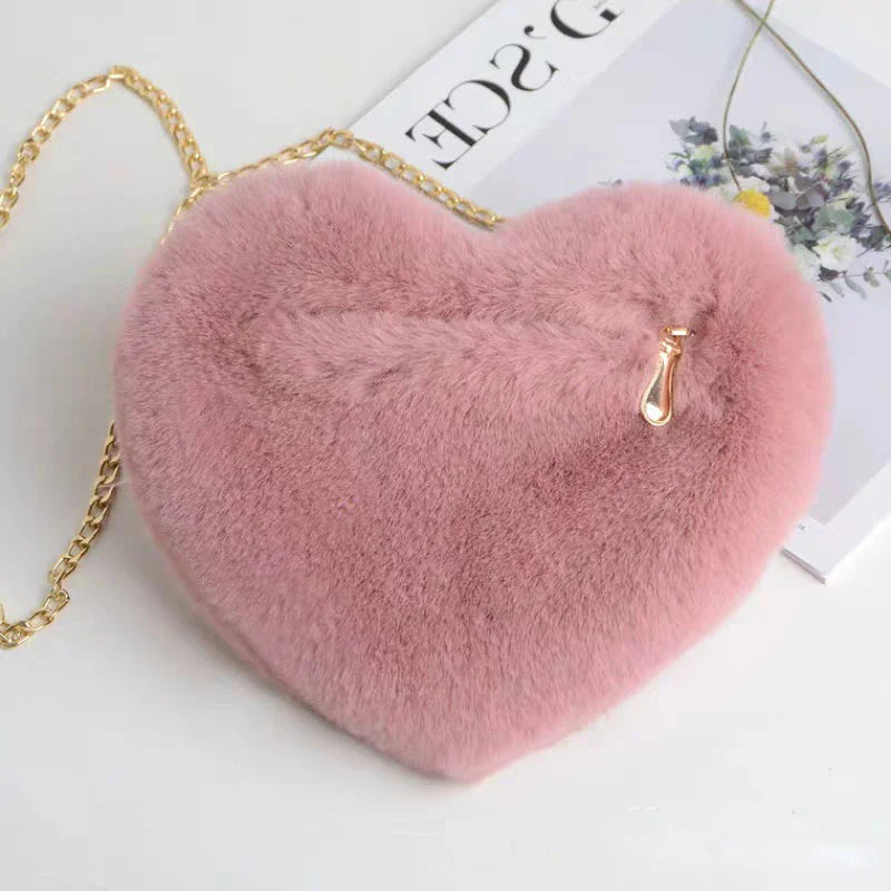 Fashion Women Heart Shaped Handbags Cute Kawaii Faux Fur Crossbody Bags Wallet Purse Plush Chain Shoulder Bag Lady Handbag