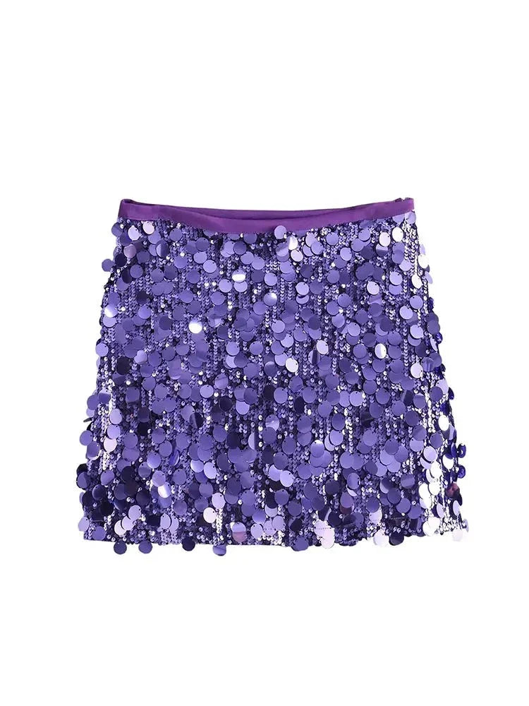 Women Sequins Skirt High Waist Sexy Party Mini Skirt Side Zipper Elegant Female Y2k Chic Rose Red Skirts