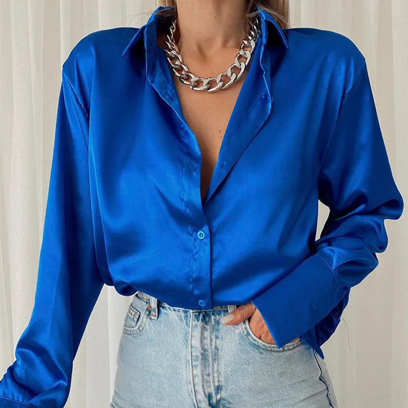 Autumn Shirt Women's Polo Collar Office Lady blouse Vintage Blue Green Shirt Loose Button Up Down Shirts Black Fashion Tops-Dollar Bargains Online Shopping Australia