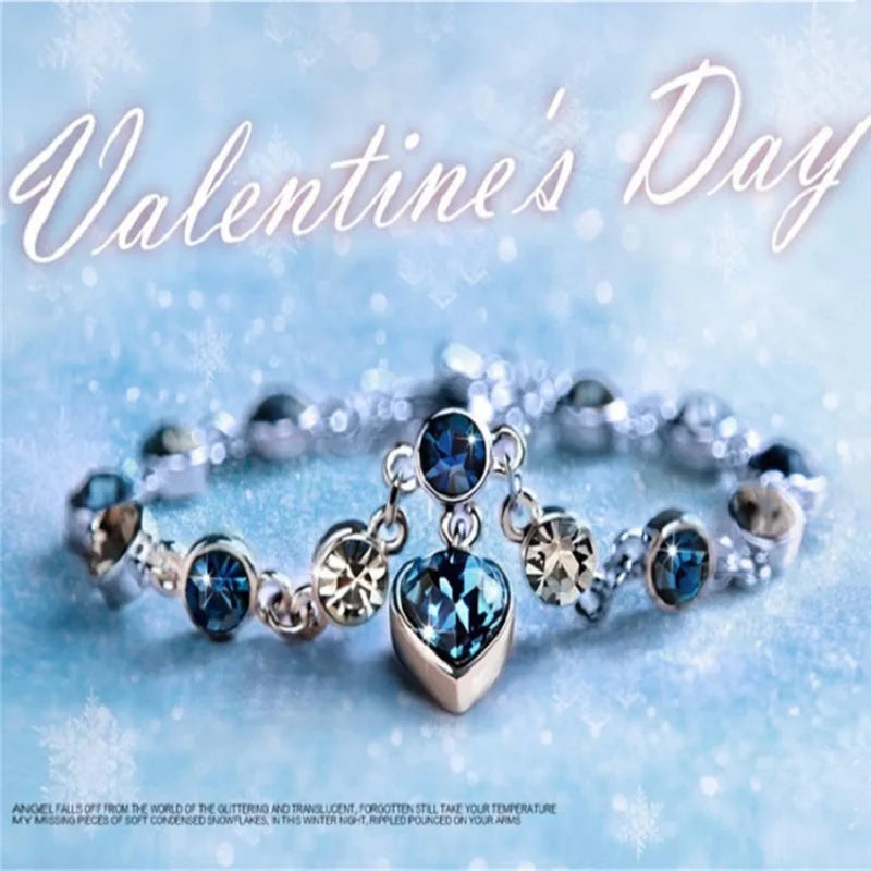 Fashion Heart of Ocean Pendant Bracelets New Shiny Blue Crystal Love  Bracelet for Women Valentine's Day Jewelry
