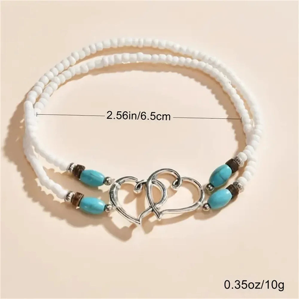 Vintage Layer Beaded Hollow Double Heart Anklet for Women Female Bohemia Resin Beads Chain Silver Color Beach Ankle Foot Jewelry-Dollar Bargains Online Shopping Australia