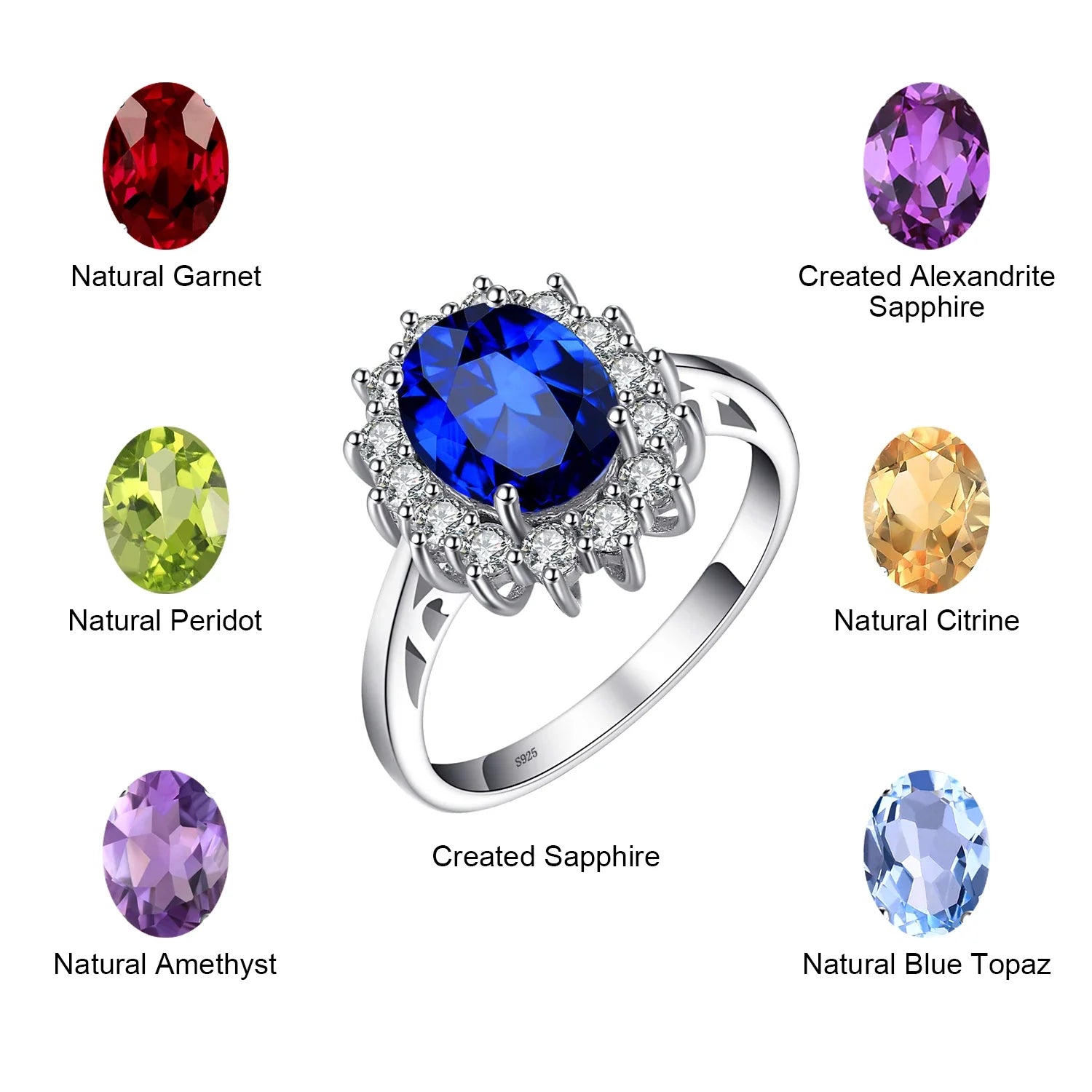Princess Diana Created Blue Sapphire 925 Sterling Silver Engagement Ring Ruby Natural Amethyst Citrine Blue Topaz