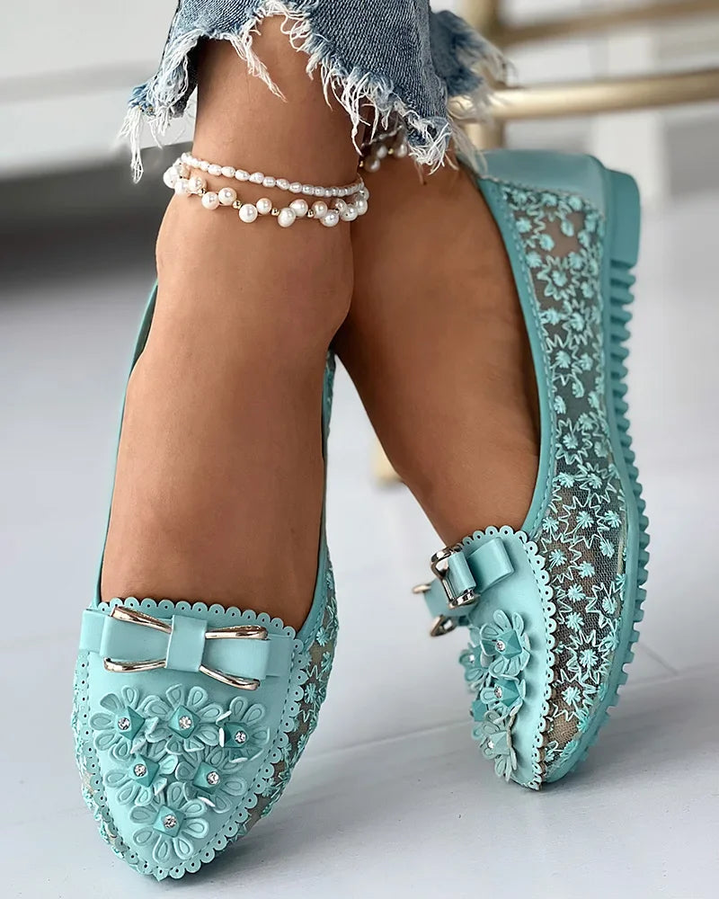 Summer Breathable Solid Color Vulcanized Shoes Floral Embroidery Bowknot Loafers Women Non-slip Flower Sneakers-Dollar Bargains Online Shopping Australia