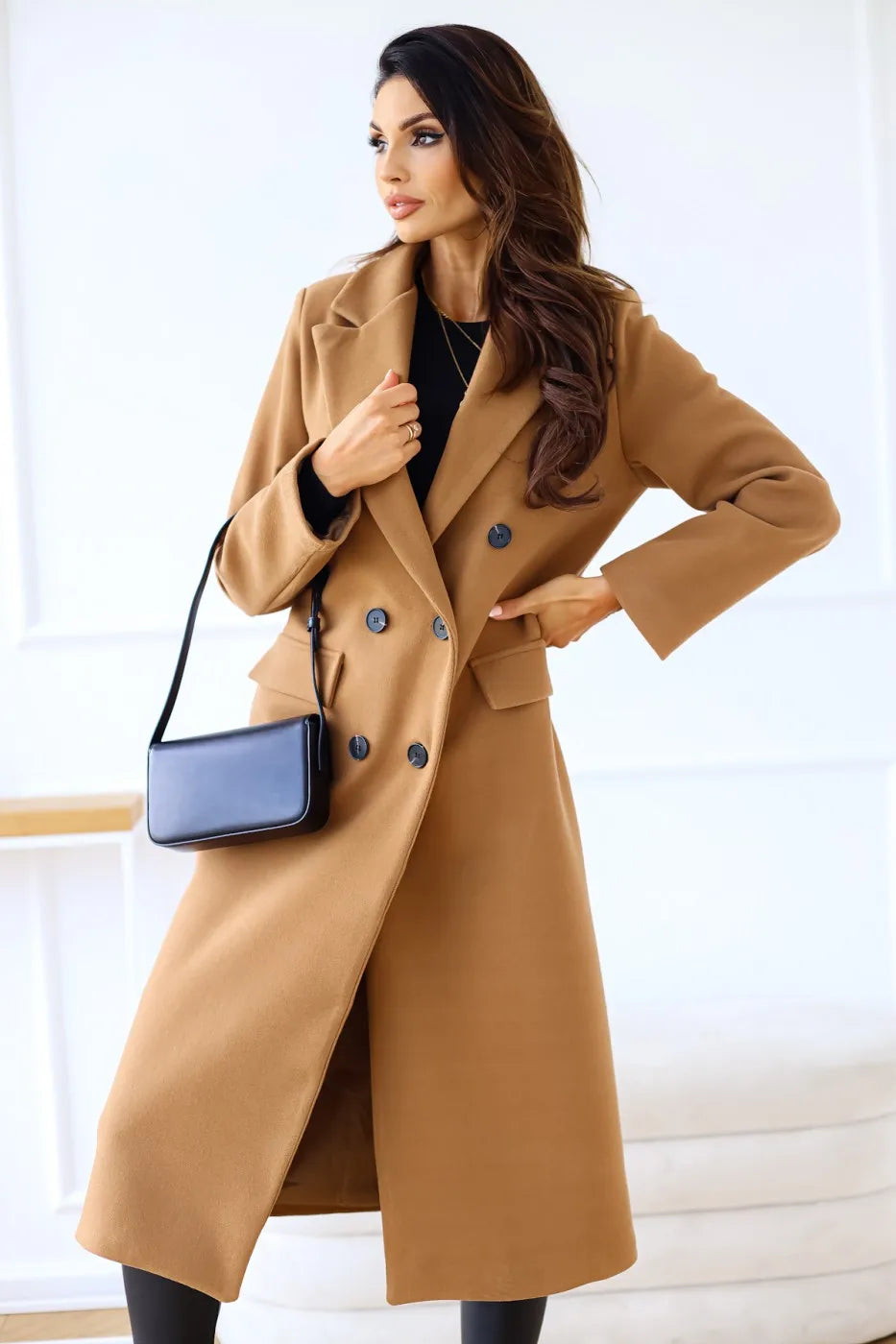 Women's minimalist double breasted long sleeved lapel button down woolen jacket with loose-Dollar Bargains Online Shopping Australia