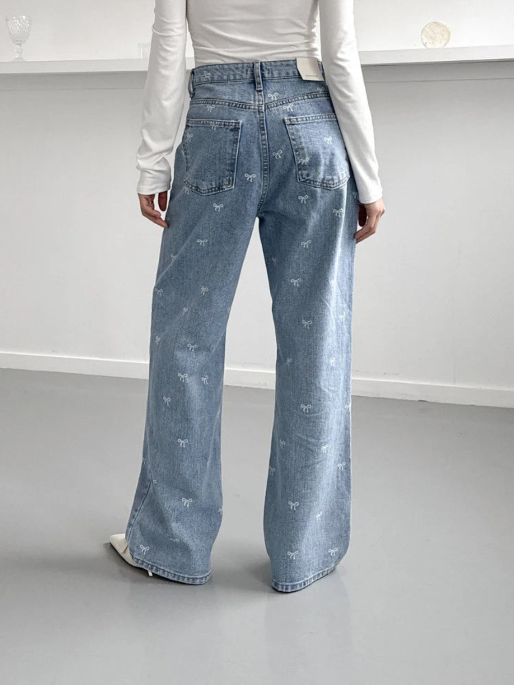 Women Light Blue Jeans Pant Korean Baggy Bow Decorated High Waisted Straight Leg Long Pant Female Casual Printed Button Trousers-Dollar Bargains Online Shopping Australia