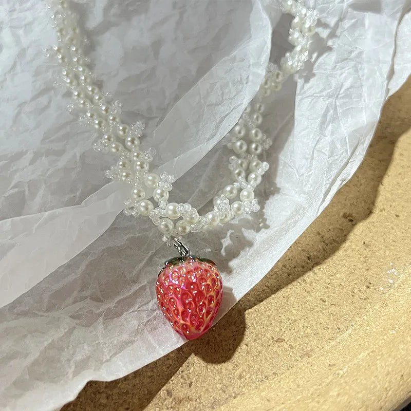 Handmade love necklace sweet romantic pearl strawberry pendant necklace lovely necklace cute necklace necklace for women y2k