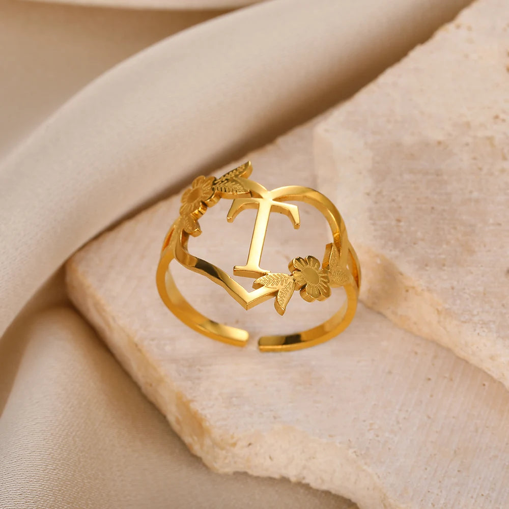 Stainless Steel Initials Flower Heart Rings Gold Color Adjustable Delicate Letter Leaf Rings For Women Girl Alphabet Jewelry-Dollar Bargains Online Shopping Australia