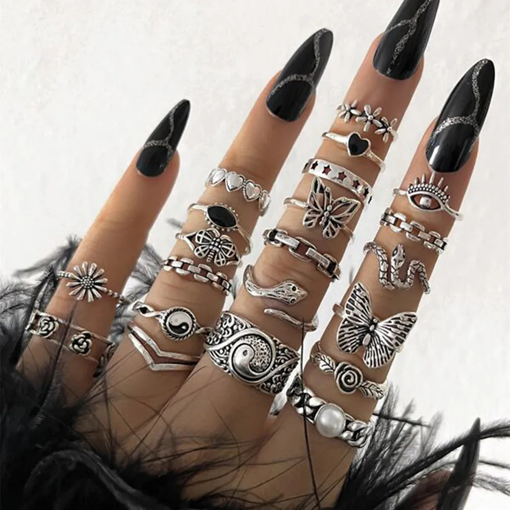 21pcs/set Punk Gothic Butterfly Snake Heart Rings Set For Women Men Vintage Silver Plated Geometric Finger Rings Party Jewelry-Dollar Bargains Online Shopping Australia