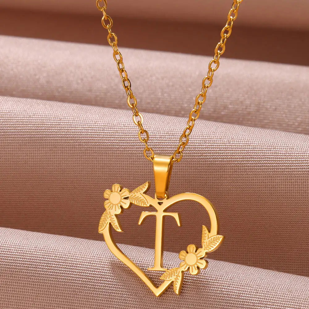 Gold Color Dainty Flower Initials Necklace Women Girl Stainless Steel Heart Letter Choker Necklace Best Gifts Alphabet Jewelry-Dollar Bargains Online Shopping Australia