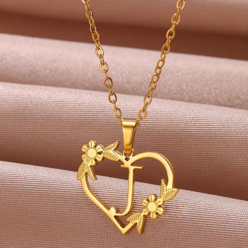 Gold Color Dainty Flower Initials Necklace Women Girl Stainless Steel Heart Letter Choker Necklace Best Gifts Alphabet Jewelry-Dollar Bargains Online Shopping Australia