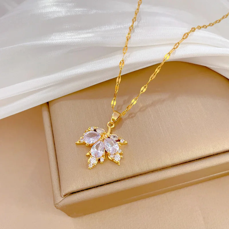 Fashion Micro-inlaid Necklace Earring Set Light Luxury Maple Leaf Personality Temperament Banquet Earrings Clavicle Chain-Dollar Bargains Online Shopping Australia