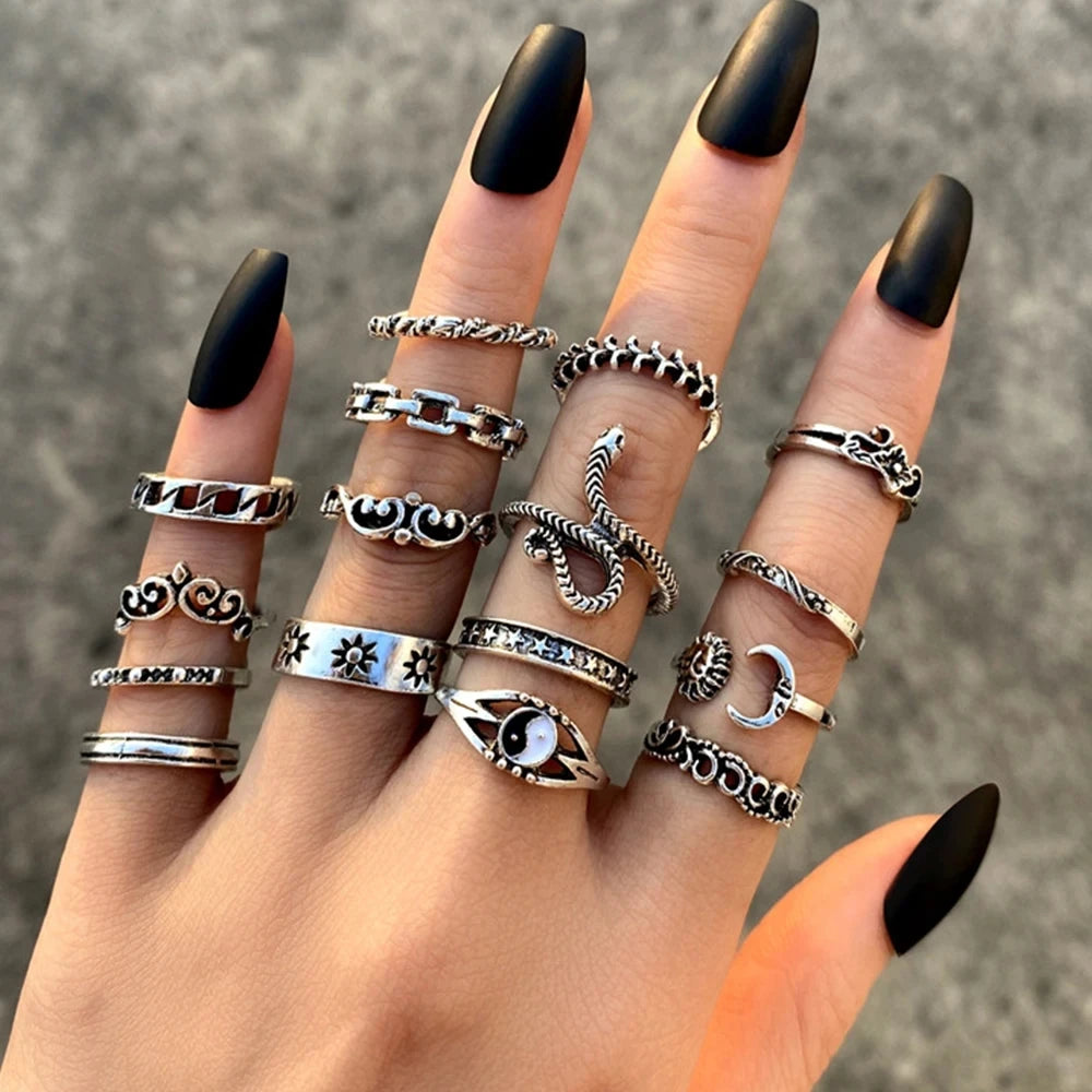 21pcs/set Punk Gothic Butterfly Snake Heart Rings Set For Women Men Vintage Silver Plated Geometric Finger Rings Party Jewelry-Dollar Bargains Online Shopping Australia