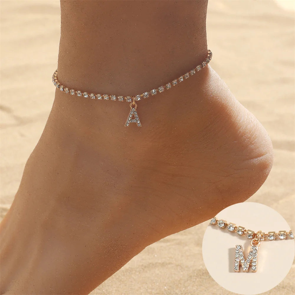 Crystal Zircon Initial Letter Ankle Bracelet Alphabet Anklets for Women Foot Chain Beach Leg Bracelets Boho Jewelry-Dollar Bargains Online Shopping Australia