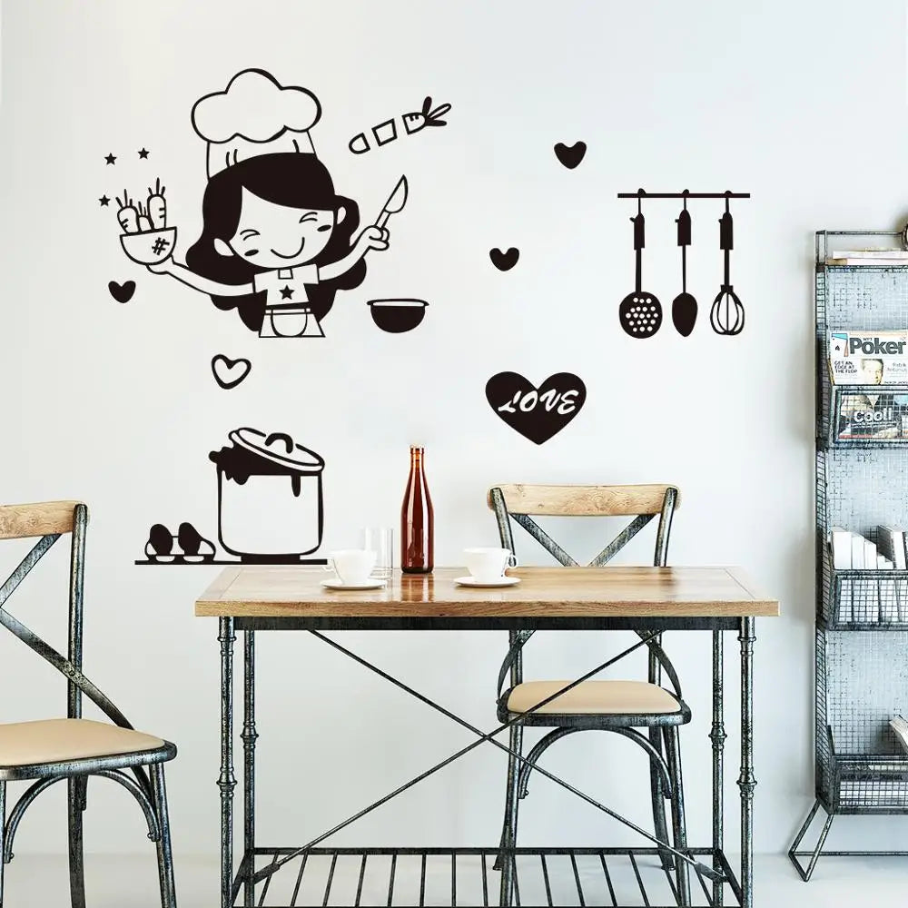 Happy Girl Chef Loves Cooking Wall Sticker Restaurant Bar Kitchen Dining Room Fridge Light Switch Decal DIY Art Home Decor-Dollar Bargains Online Shopping Australia