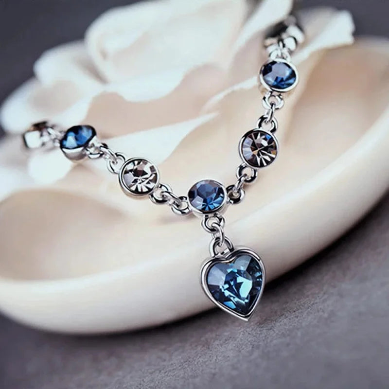 Fashion Heart of Ocean Pendant Bracelets New Shiny Blue Crystal Love  Bracelet for Women Valentine's Day Jewelry
