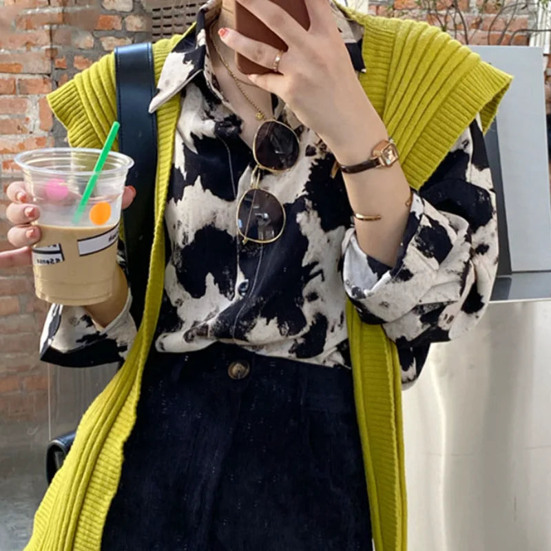 Cow Print Button Up Shirts Women Spring Plus Size Tops Korean Fashion Clothes Chiffon Streetwear Long Sleeve-Dollar Bargains Online Shopping Australia