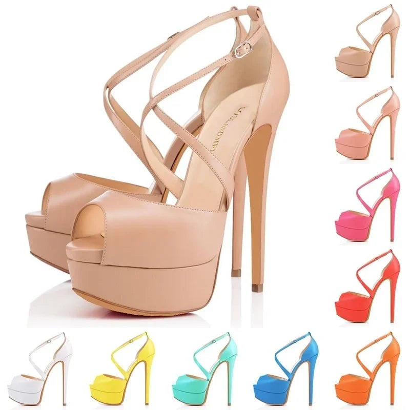 Women Pumps Nightclub Sandal Ultra Fashion Sexy 14cm Super High Heels Leather Platform Ankle Strap Sandals Red Wedding Shoes-Dollar Bargains Online Shopping Australia