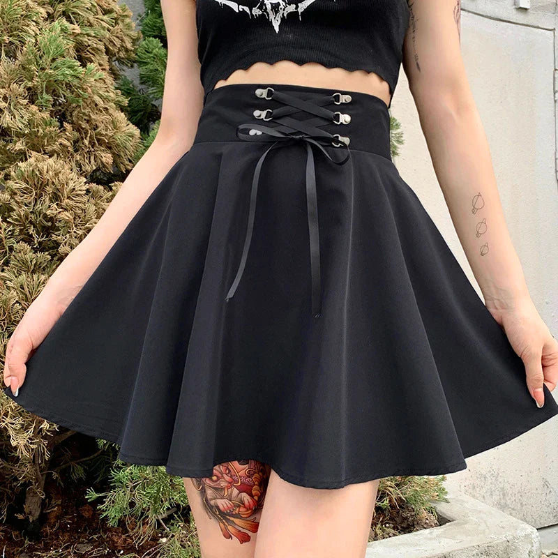 Basic Versatile Flared Casual Mini Skater Skirt High Waisted School Goth Punk Black Skirt Harajuku