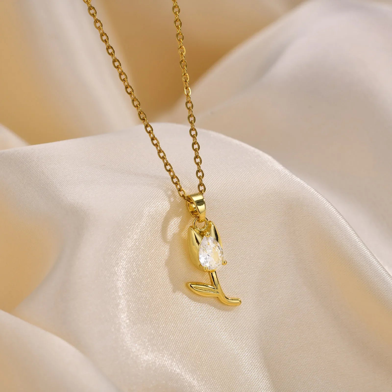 Charms Crystal Tulip Flower Pendant Necklace Minimalist Anniversary Girlfriend Women Female Gifts