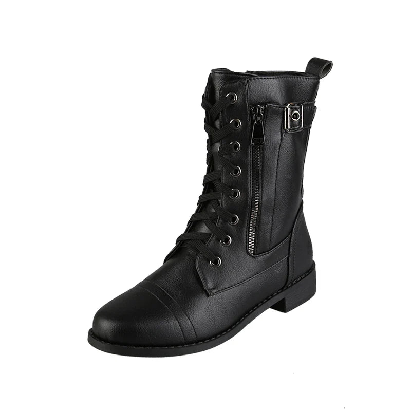New Women's Boots Fashion Side Zip Round Toe Biker Boots Solid Color Lace-Up Chunky Heel Casual Shoes Coturno Feminino-Dollar Bargains Online Shopping Australia