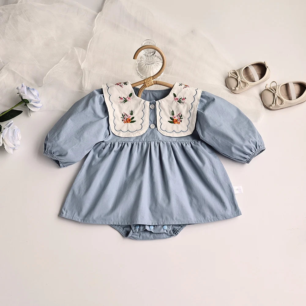 Solid Pleated Baby Bodysuit Toddler Girls Princess Clothes embroidery Big Collar Infant Clothing-Dollar Bargains Online Shopping Australia