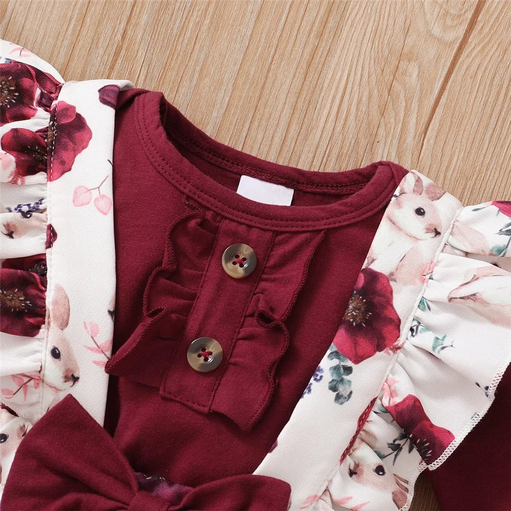Baby Girl Clothes Set Red Color Long Sleevs Bodysuit + Flower Strap Pants 2PCS Infant Girl New Years Clothing Suit-Dollar Bargains Online Shopping Australia