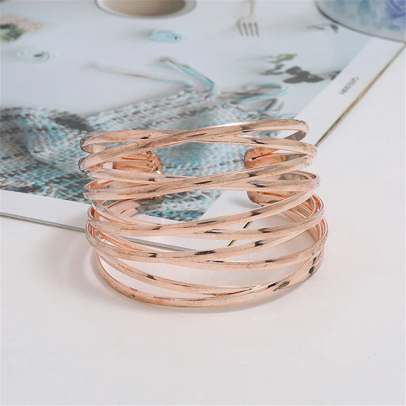 Punk Multilayer Metal Wires Strings Bracelets Bangles For Women Vintage Exaggerated Gold Color Wide Open Cuff Bangles Jewelry-Dollar Bargains Online Shopping Australia