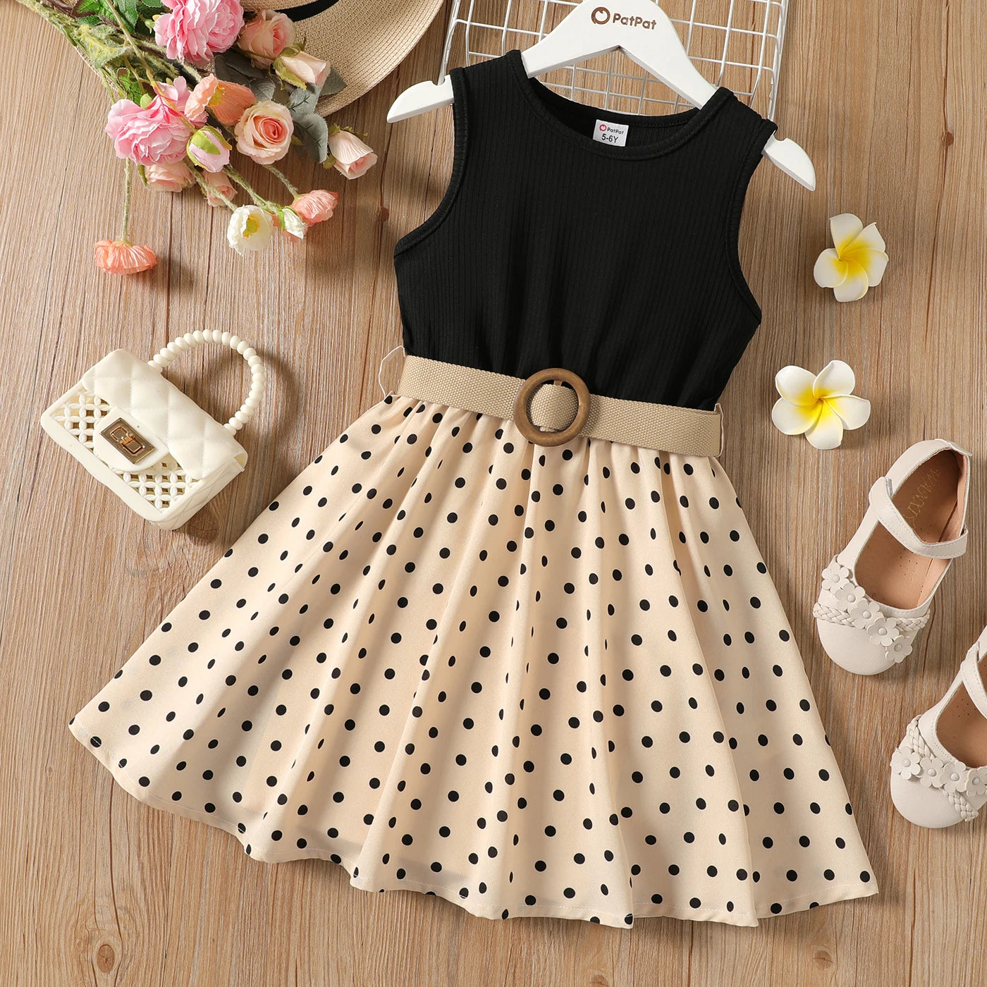 2pcs Girl Dresses Kids Clothes Girl Polka Dots Ribbed Girls Splice Sleeveless Dress & Belt-Dollar Bargains Online Shopping Australia